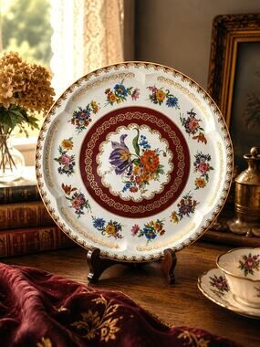 Vintage Daher Decorated Ware Floral Tin Tray 12” Round England Burgundy Gold